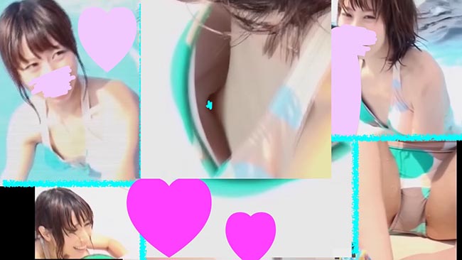 美人ママさん！水着からピンクなおっぱい胸チラ！！